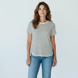 A New Day Short Sleeve Round Neck Pull Over Shirt-Size L-White/Black Pinstripes